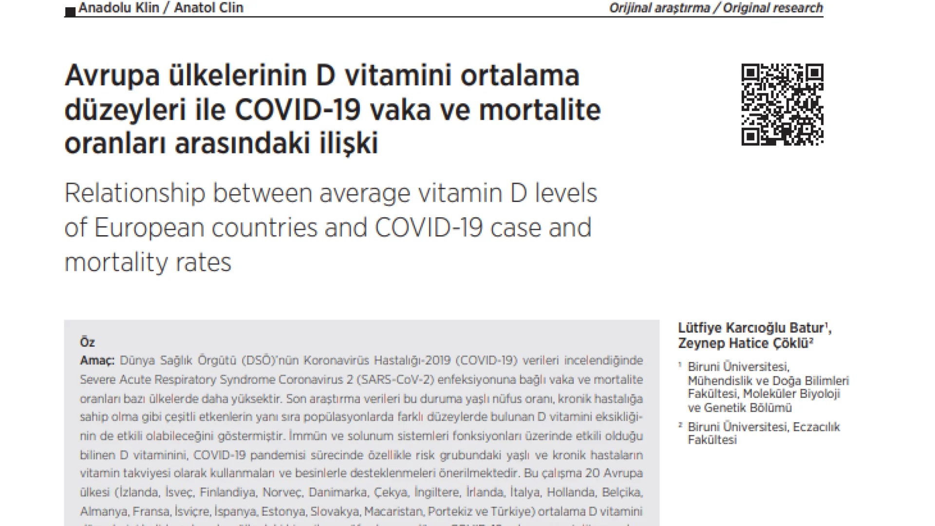 Avrupa ülkelerinin D vitamini ortalama düzeyleri ile COVID-19 vaka ve mortalite oranları arasındaki ilişki