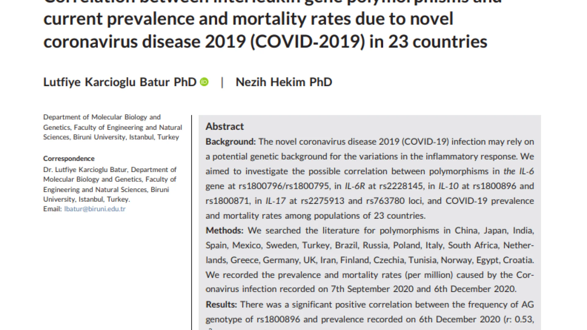 Correlation between interleukin gene polymorphisms and current prevalence and mortality rates due to novel coronavirus disease 2019 (COVID‐2019) in 23 countries