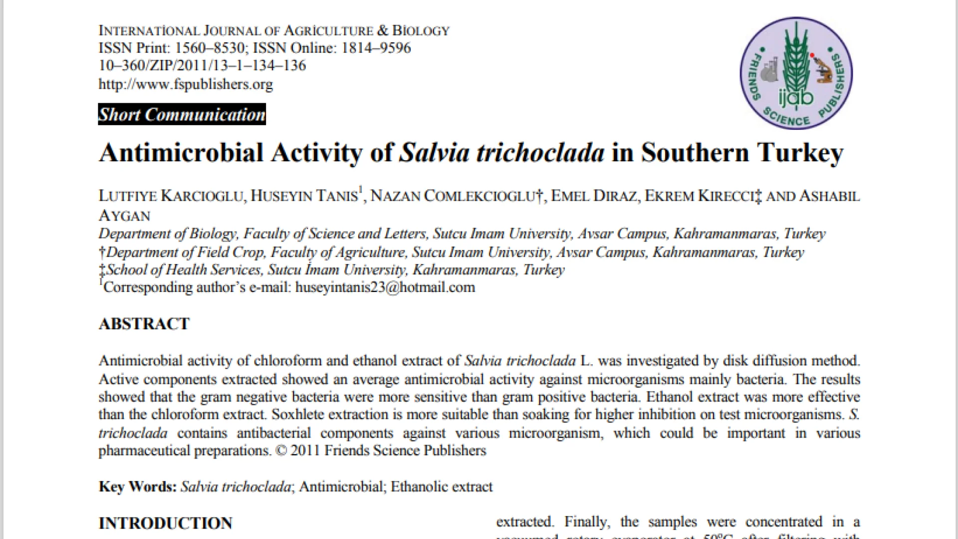 Antimicrobial Activity of Salvia trichoclada in Southern Turkey