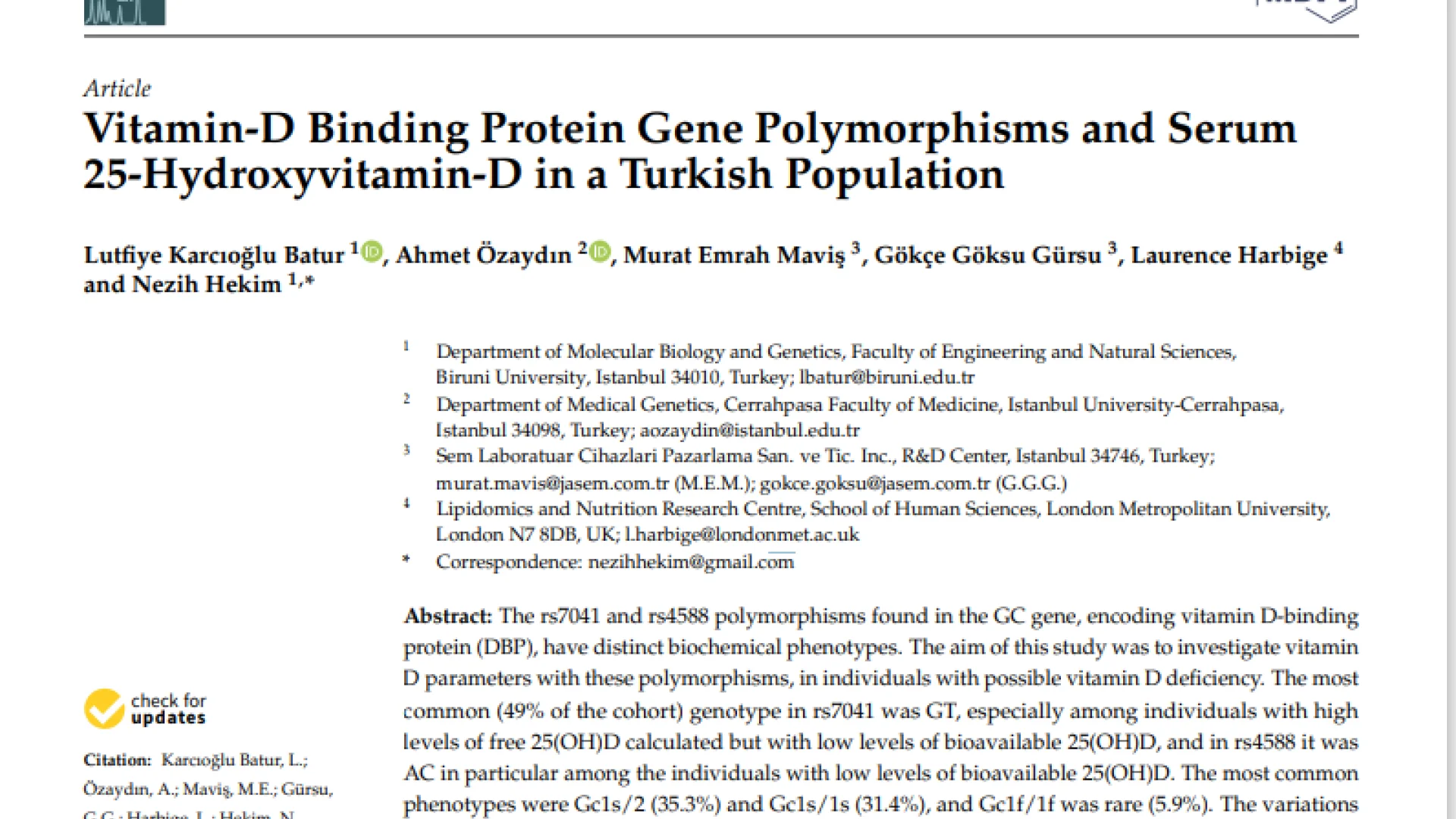 Vitamin-D Binding Protein Gene Polymorphisms and Serum 25-Hydroxyvitamin-D in a Turkish Population