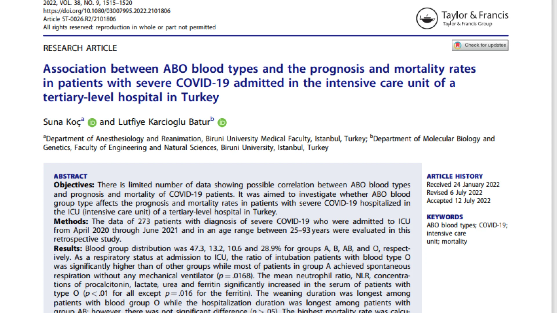 Association between ABO blood types and the prognosis and mortality rates in patients with severe COVID-19 admitted in the intensive care unit of a tertiary-level hospital in Turkey